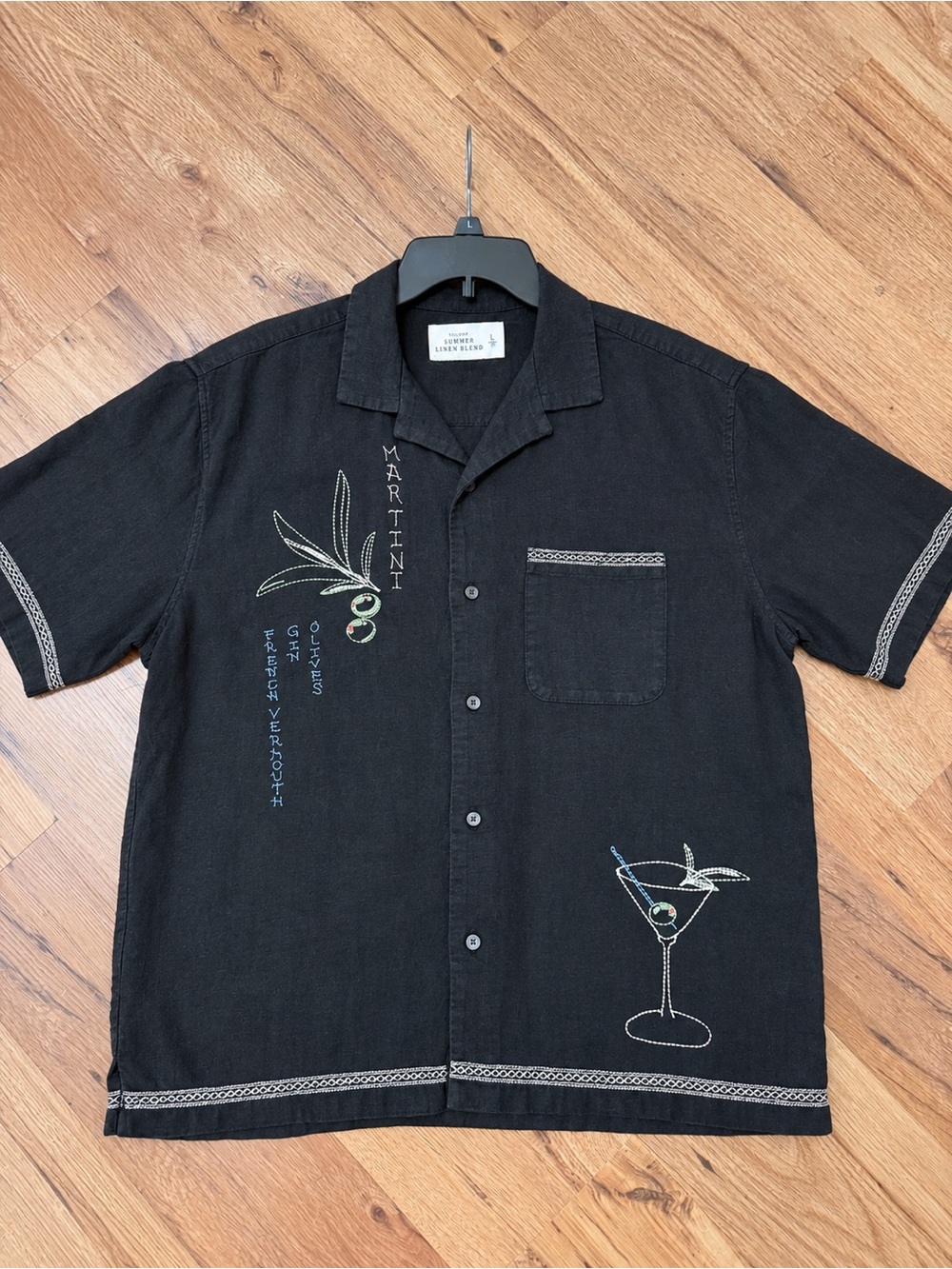 Abercrombie & Fitch Short-Sleeve Linen Blend Embroidered Martini Shirt, size L